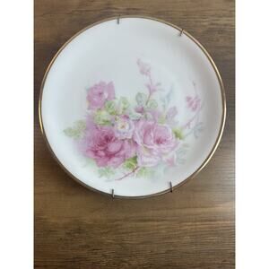 Antique CT Germany Hand Painted Pink Roses Porcelain Wall Plate Gold Rim
